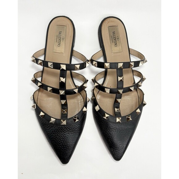 Valentino Garavani Pebbled Calfskin Rockstud Flat Cage Mules Gold Sz EU 36 6 - Picture 1 of 13